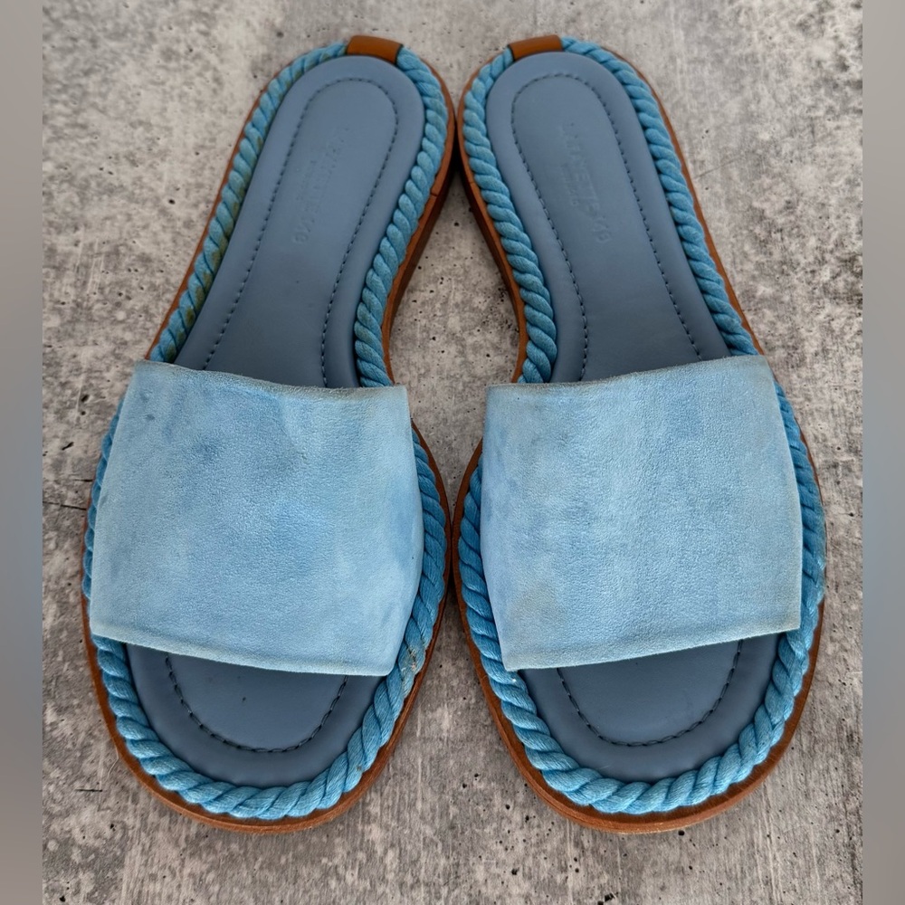 Lafayette 148 sandals light blue suede leather woven slides Made Italy 37/ 7